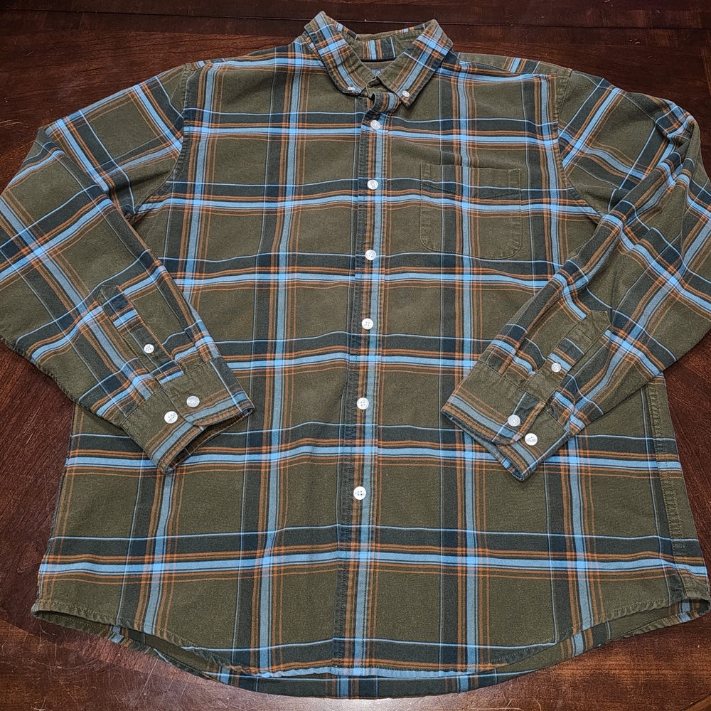 LL Bean Signature Men Slim Fit Sz Large Button Up Plaid Shirt Brown Blue Orange